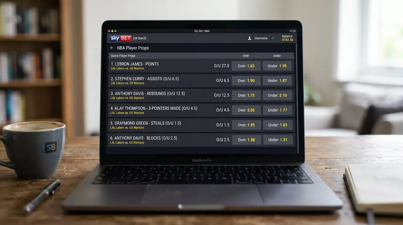 Six types of NBA player prop bets displayed on a UK bookmaker screen — points, rebounds, assists, 3PM, blocks and steals markets
